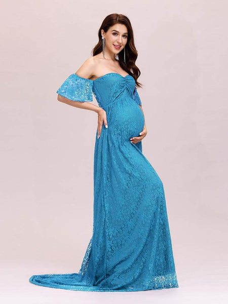 Turquoise Blue Lace Off-Shoulder Maternity Gown