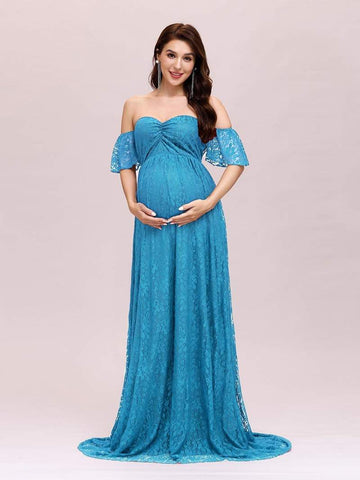 Turquoise Blue Lace Off-Shoulder Maternity Gown