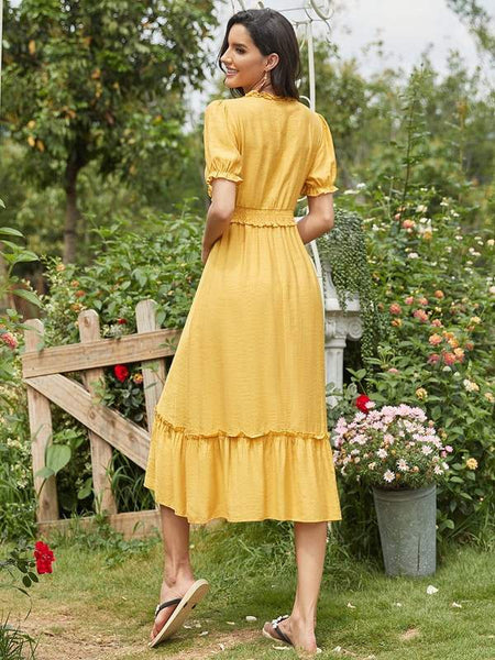 Mustard Yellow Short Sleeve V-Neck Midi Summer Casual Dress