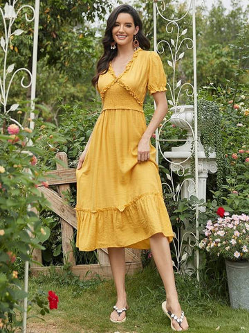 Mustard Yellow Short Sleeve V-Neck Midi Summer Casual Dress