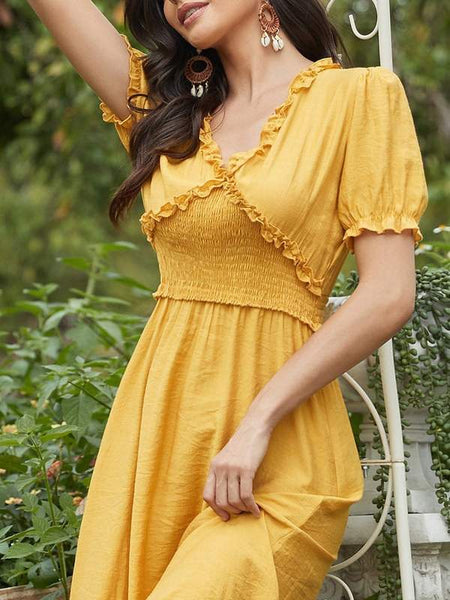 Mustard Yellow Short Sleeve V-Neck Midi Summer Casual Dress