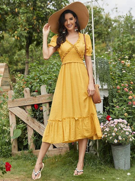 Mustard Yellow Short Sleeve V-Neck Midi Summer Casual Dress
