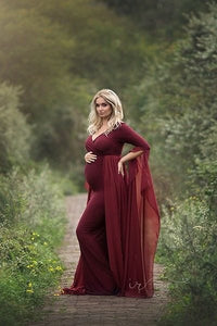 Maroon Ruched Off-Shoulder Maternity Trail Gown
