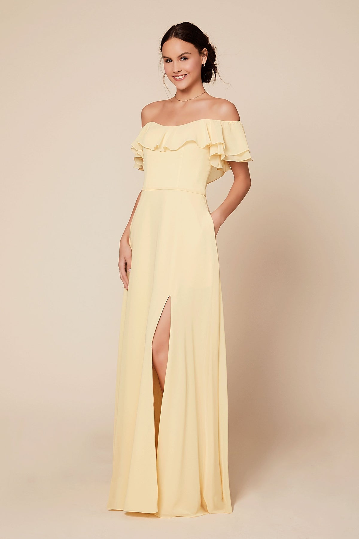 Pastel Yellow Off-Shoulder Frill Maxi