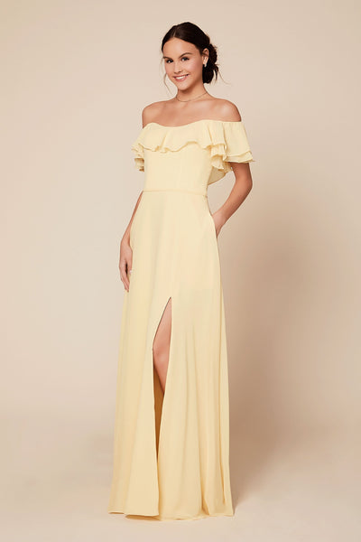 Pastel Yellow Off-Shoulder Frill Maxi