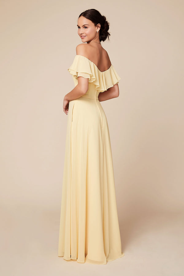 Pastel Yellow Off-Shoulder Frill Maxi