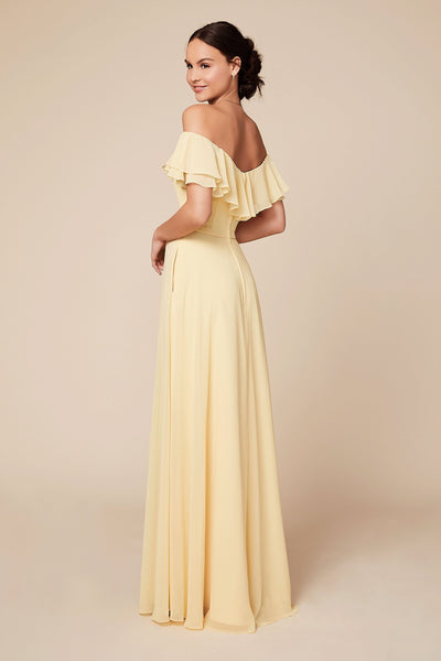 Pastel Yellow Off-Shoulder Frill Maxi