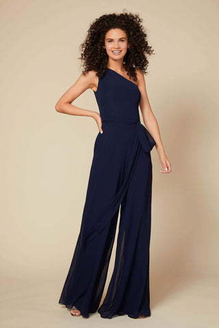 Navy Blue One Shoulder Tie-Waist Jumpsuit