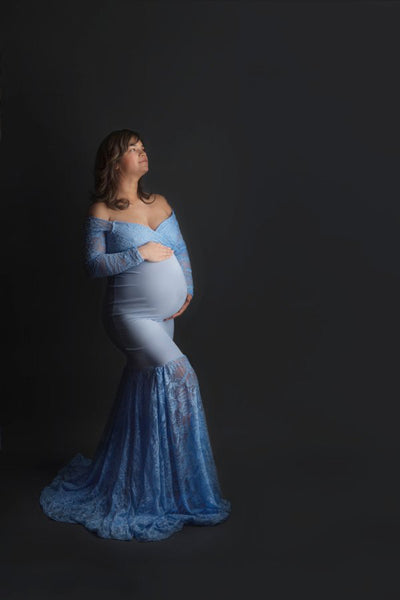 Sky Blue Off-Shoulder Lace Detail Maternity Gown