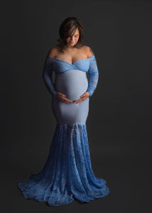 Sky Blue Off-Shoulder Lace Detail Maternity Gown