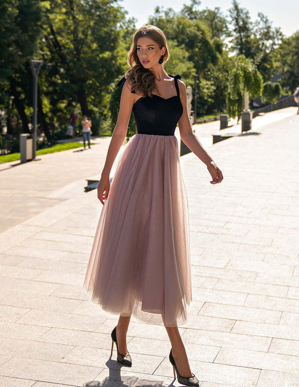 Black & Dusty Pink Mesh Detail Midi