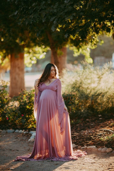 Dusty Rose Pink Bell Sleeves Maternity Gown