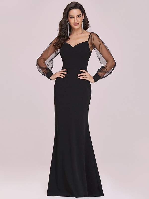 Black Long Sheer Lantern Sleeve Mermaid Maxi Evening Dress
