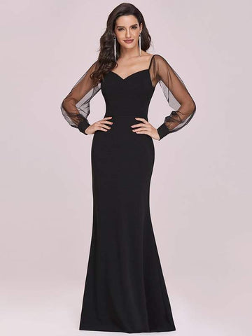Black Long Sheer Lantern Sleeve Mermaid Maxi Evening Dress