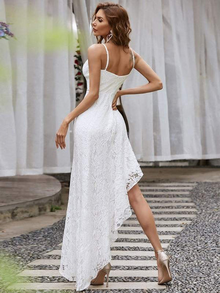 White Lace Spaghetti Strap Bodycon High-Low Evening Dress