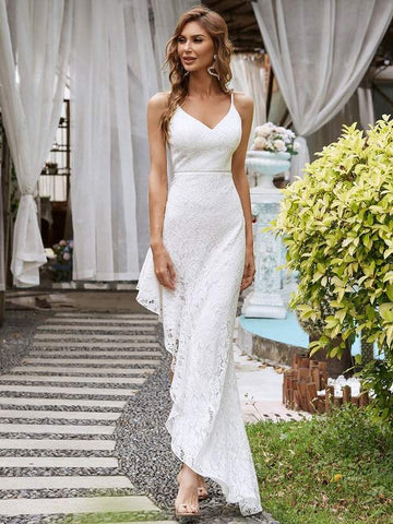 White Lace Spaghetti Strap Bodycon High-Low Evening Dress