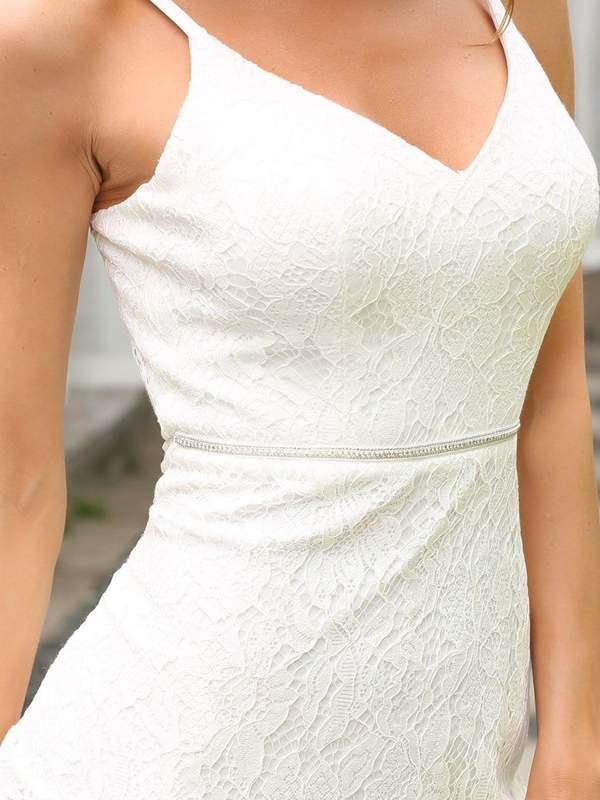 White Lace Spaghetti Strap Bodycon High-Low Evening Dress