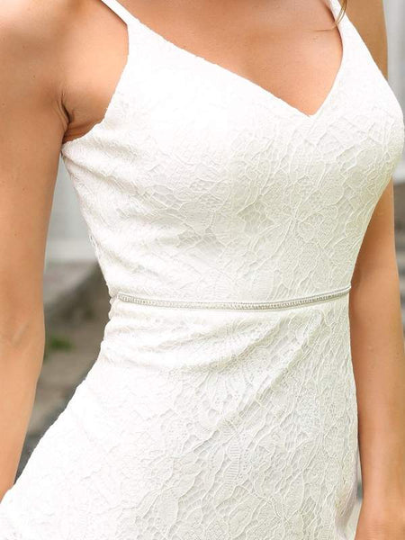 White Lace Spaghetti Strap Bodycon High-Low Evening Dress