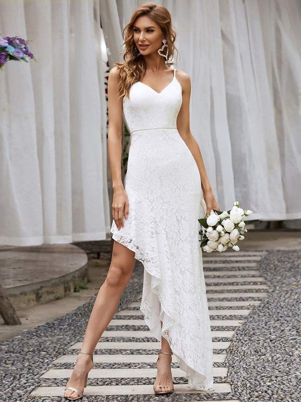 White Lace Spaghetti Strap Bodycon High-Low Evening Dress