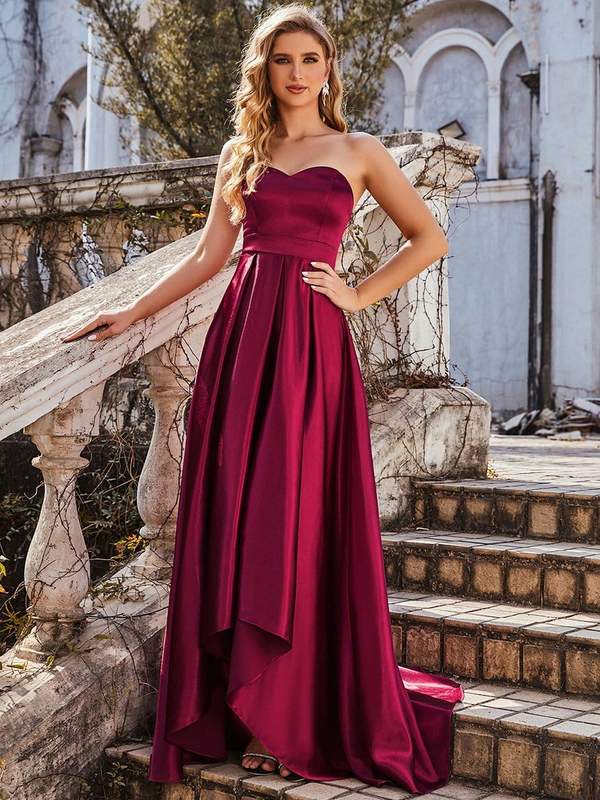 Maroon Wine Strapless Asymmetrical Hem Satin Gown