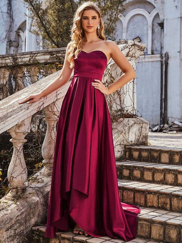 Maroon Wine Strapless Asymmetrical Hem Satin Gown