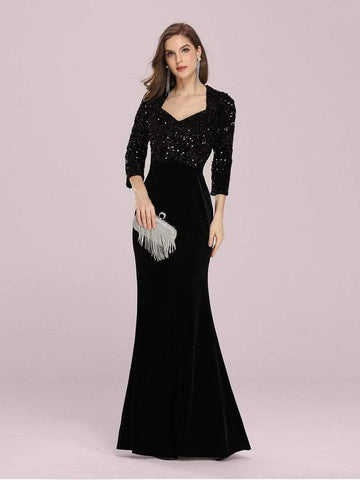 Black Sequins Fishtail Evening Gown