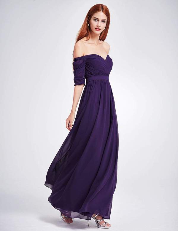 Deep Purple Off Shoulder Sweetheart Neckline Maxi Bridesmaid Dress