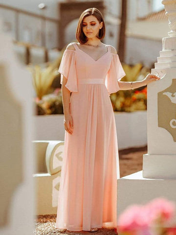 Peach Cold Shoulder Flouncing Sleeves Maxi