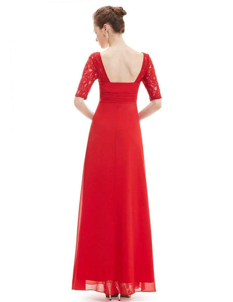 Red Square Neck Lace Sleeves Bridesmaid Dress