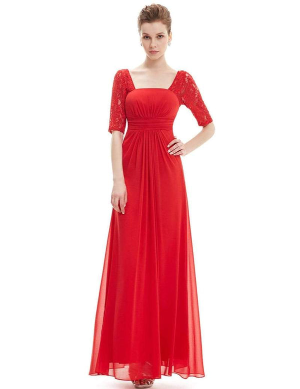 Red Square Neck Lace Sleeves Bridesmaid Dress