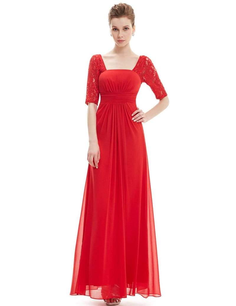 Red Square Neck Lace Sleeves Bridesmaid Dress