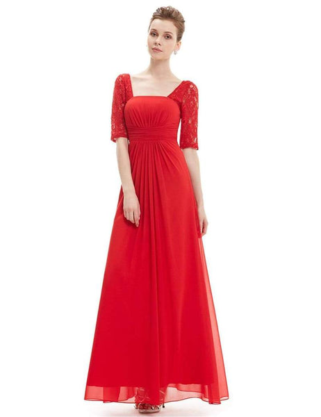 Red Square Neck Lace Sleeves Bridesmaid Dress