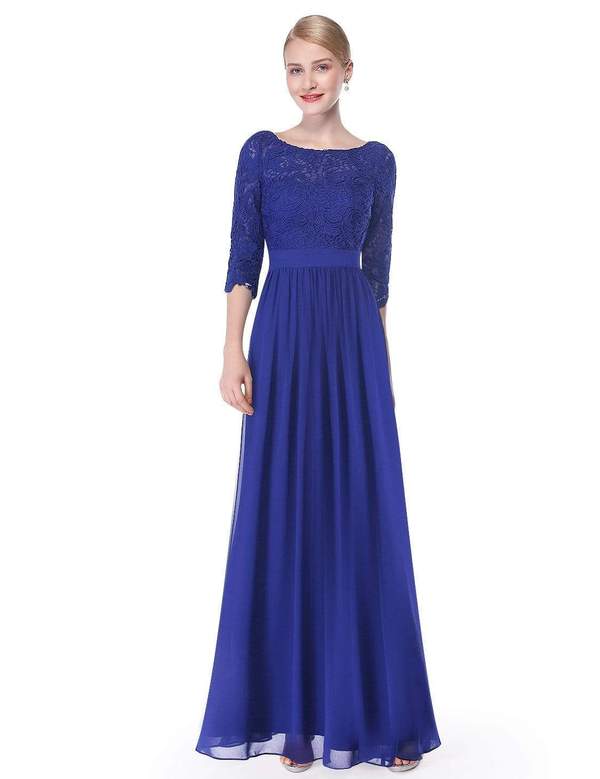 Sapphire Blue Lace Long Sleeve Floor Length Bridesmaid Dress