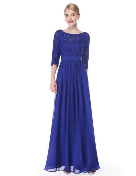 Sapphire Blue Lace Long Sleeve Floor Length Bridesmaid Dress