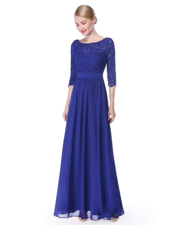 Sapphire Blue Lace Long Sleeve Floor Length Bridesmaid Dress