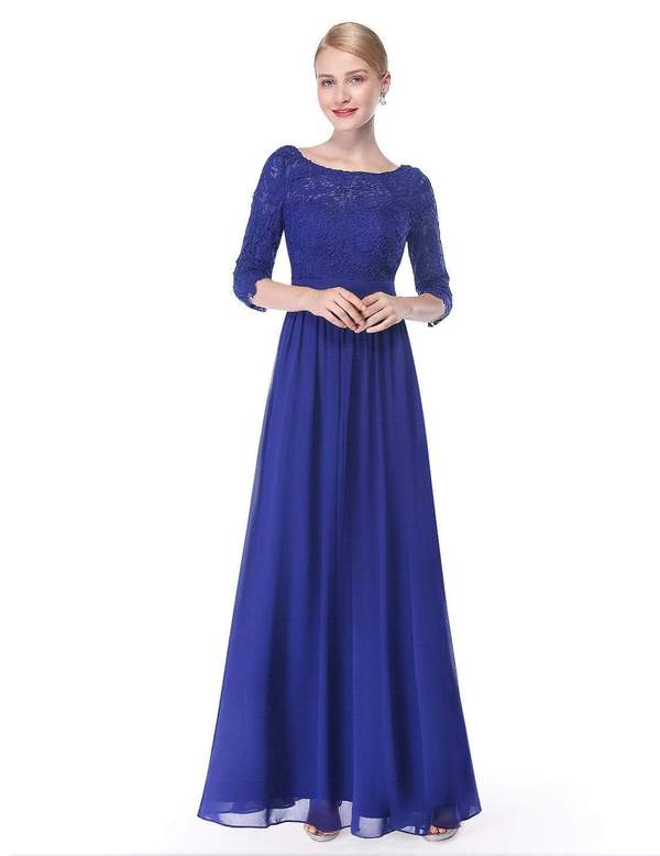 Sapphire Blue Lace Long Sleeve Floor Length Bridesmaid Dress