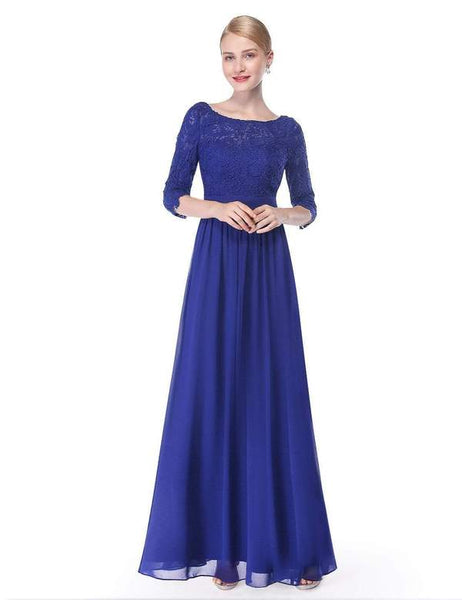 Sapphire Blue Lace Long Sleeve Floor Length Bridesmaid Dress