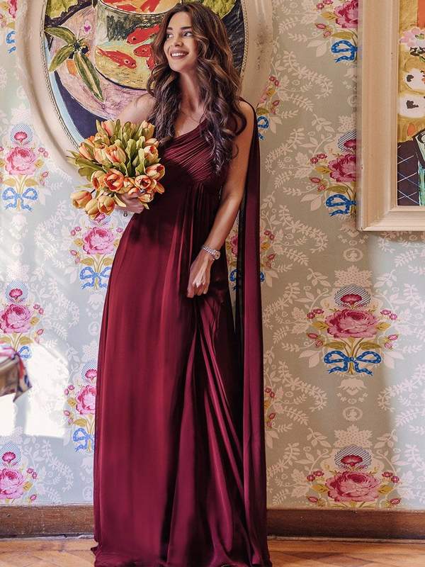 Wine Pleated One Shoulder Maxi Evening Dress