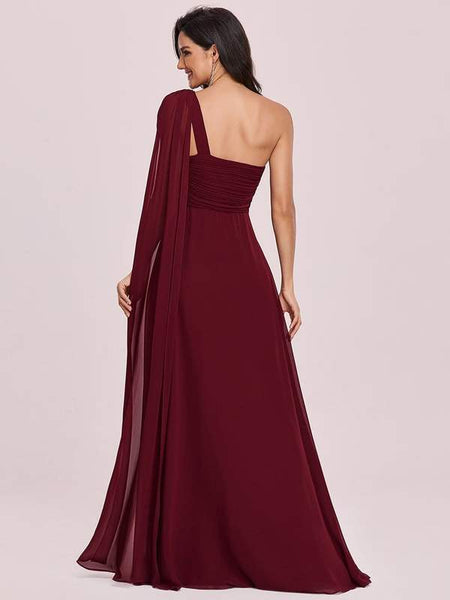 Wine Pleated One Shoulder Maxi Evening Dress