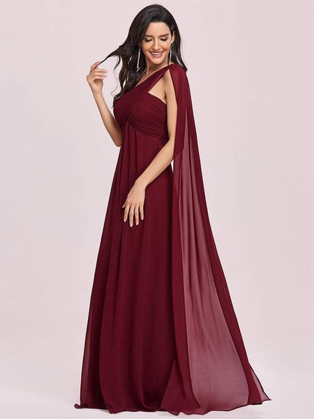 Wine Pleated One Shoulder Maxi Evening Dress