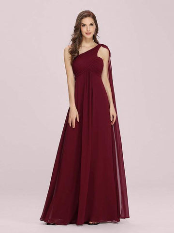 Wine Pleated One Shoulder Maxi Evening Dress