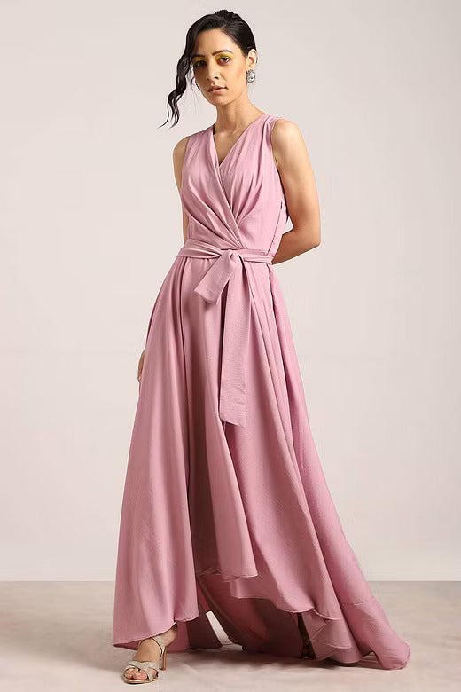 Mauve V Neck Wrap Ruched High-Low Maxi