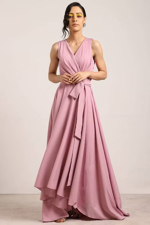 Mauve V Neck Wrap Ruched High-Low Maxi