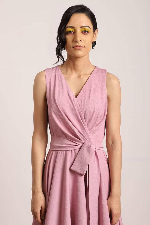 Mauve V Neck Wrap Ruched High-Low Maxi