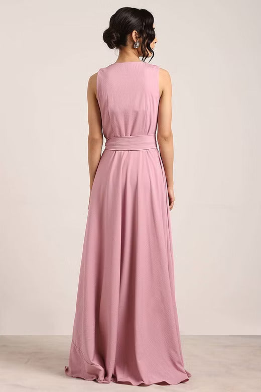 Mauve V Neck Wrap Ruched High-Low Maxi