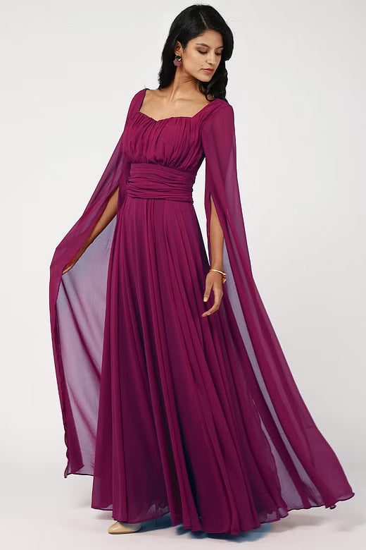 VIctorian Wine Ruched Cape Sleeves Gown
