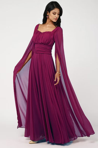 VIctorian Wine Ruched Cape Sleeves Gown