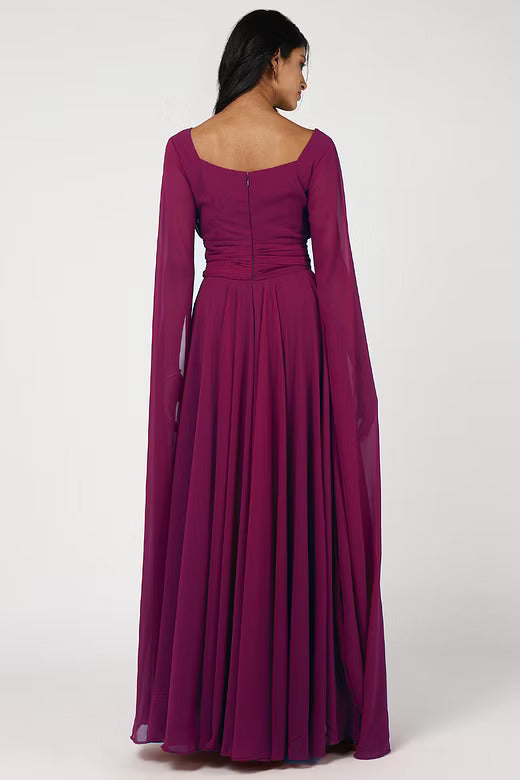 VIctorian Wine Ruched Cape Sleeves Gown