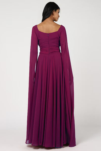 VIctorian Wine Ruched Cape Sleeves Gown
