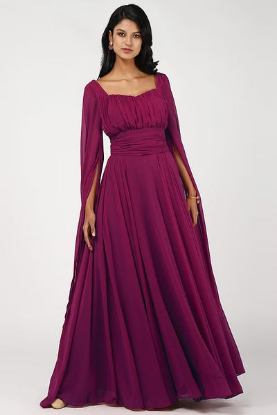 VIctorian Wine Ruched Cape Sleeves Gown